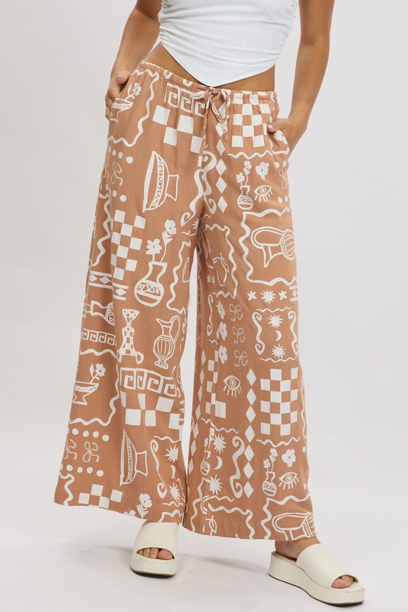 Brown Abstract Wide Leg Pants High Rise for Ally Fashion