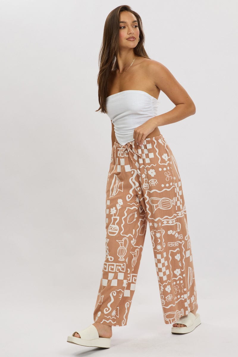 Brown Abstract Wide Leg Pants High Rise for Ally Fashion