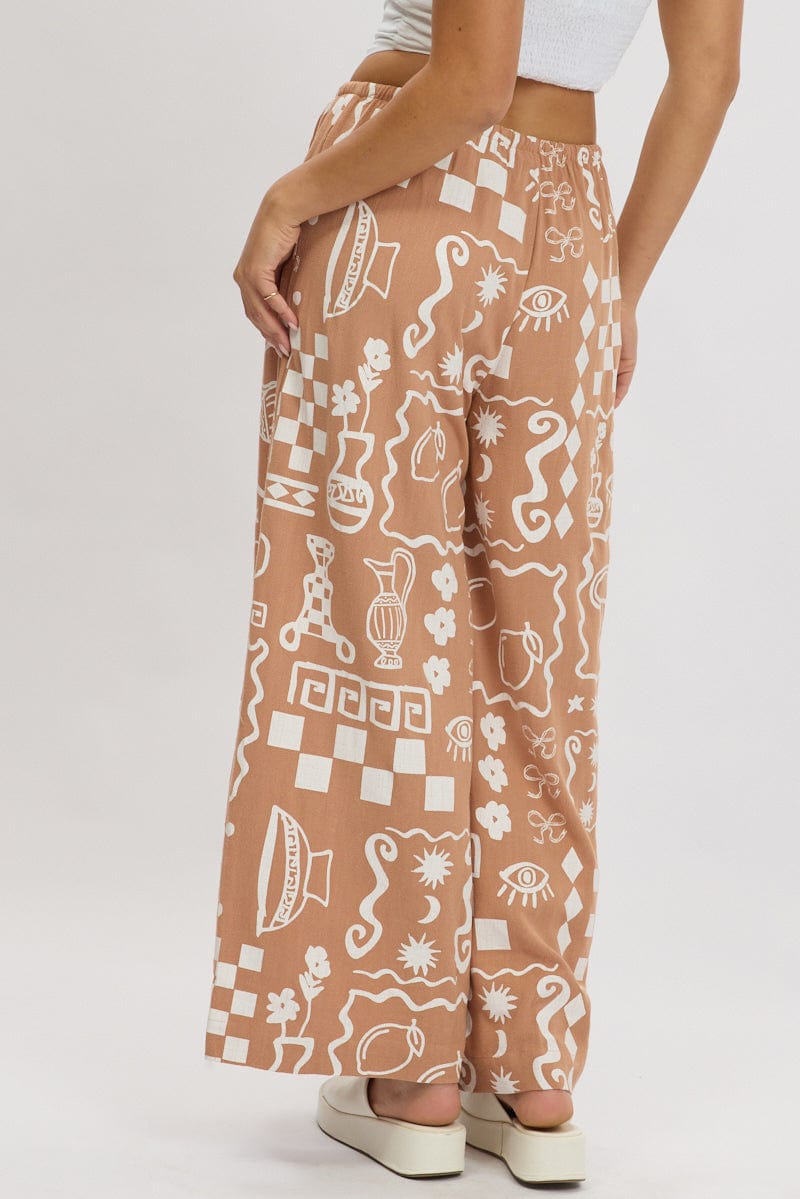 Brown Abstract Wide Leg Pants High Rise for Ally Fashion