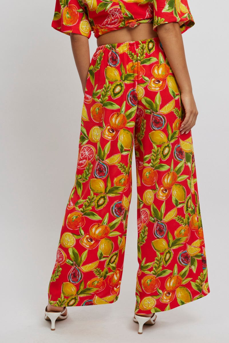 Red Abstract Wide Leg Pants High Rise for Ally Fashion