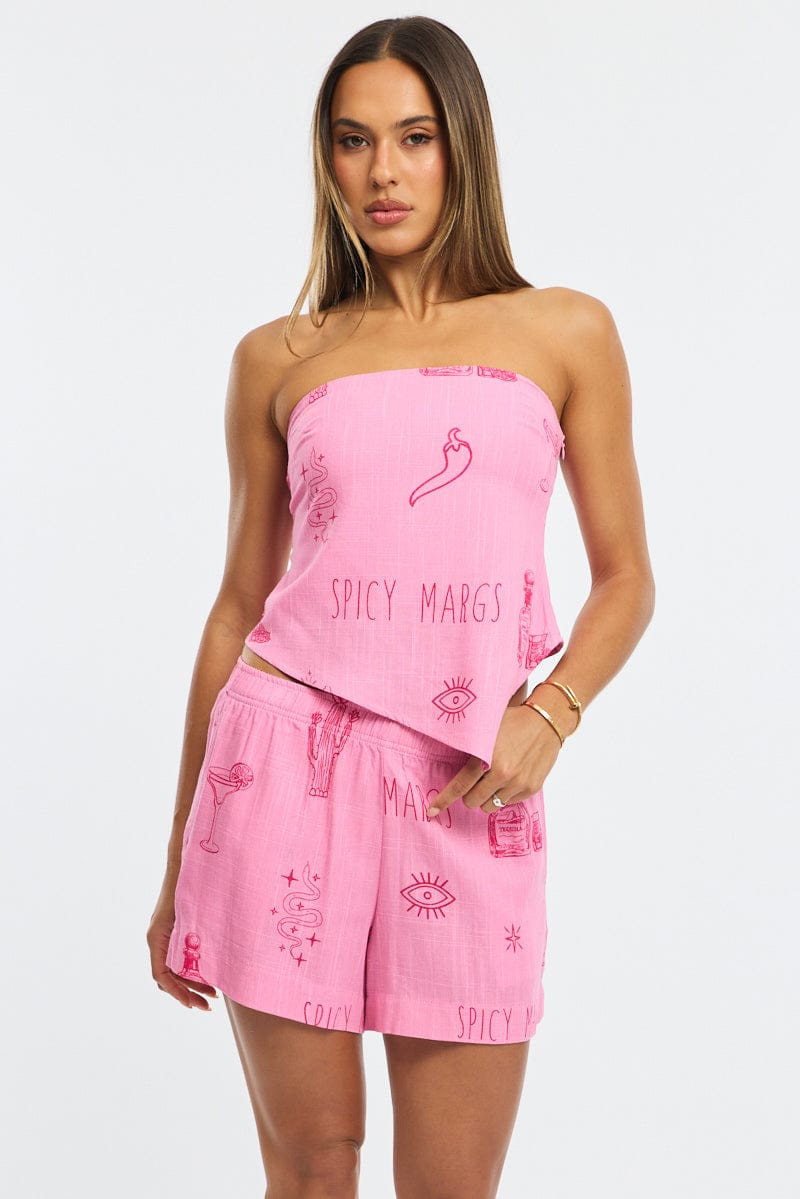 Pink Abstract Relaxed Shorts High Rise for Ally Fashion