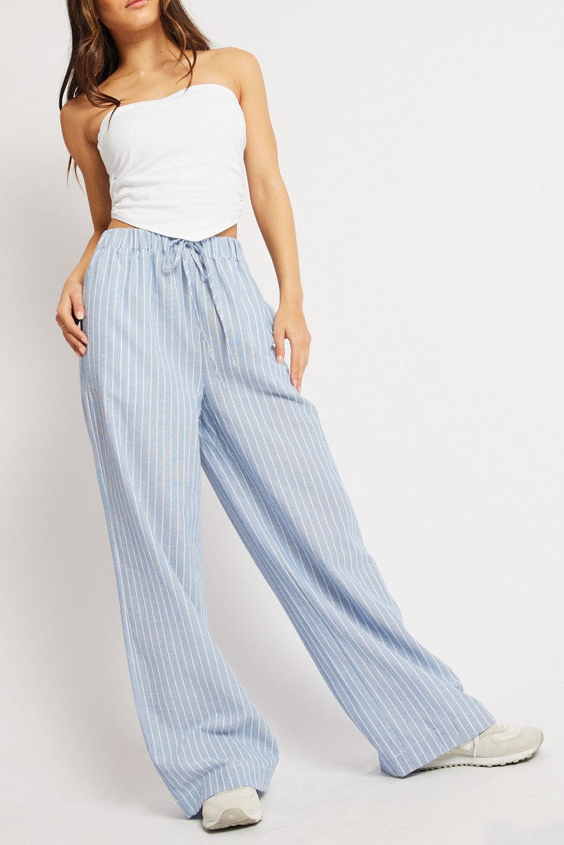 Blue Stripe Wide Leg Pants Mid Rise for Ally Fashion