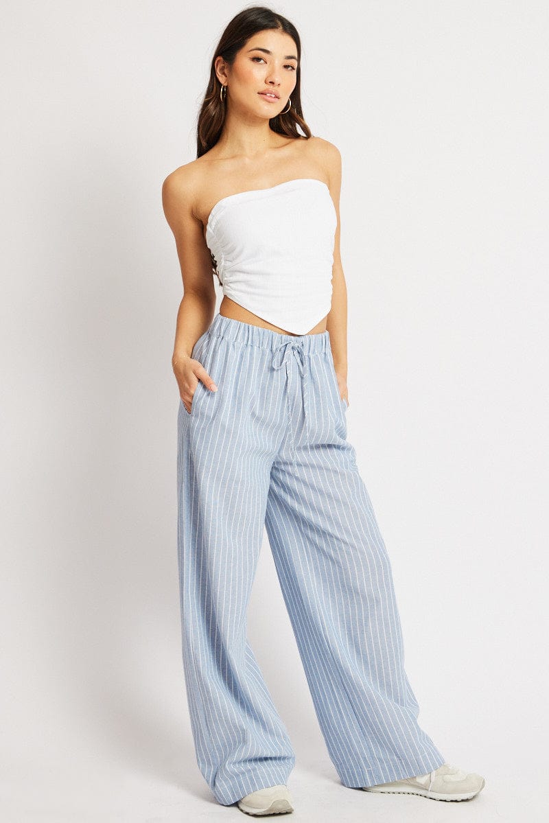 Blue Stripe Wide Leg Pants Mid Rise for Ally Fashion