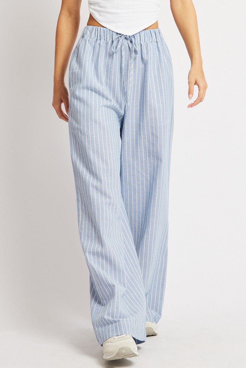 Blue Stripe Wide Leg Pants Mid Rise for Ally Fashion