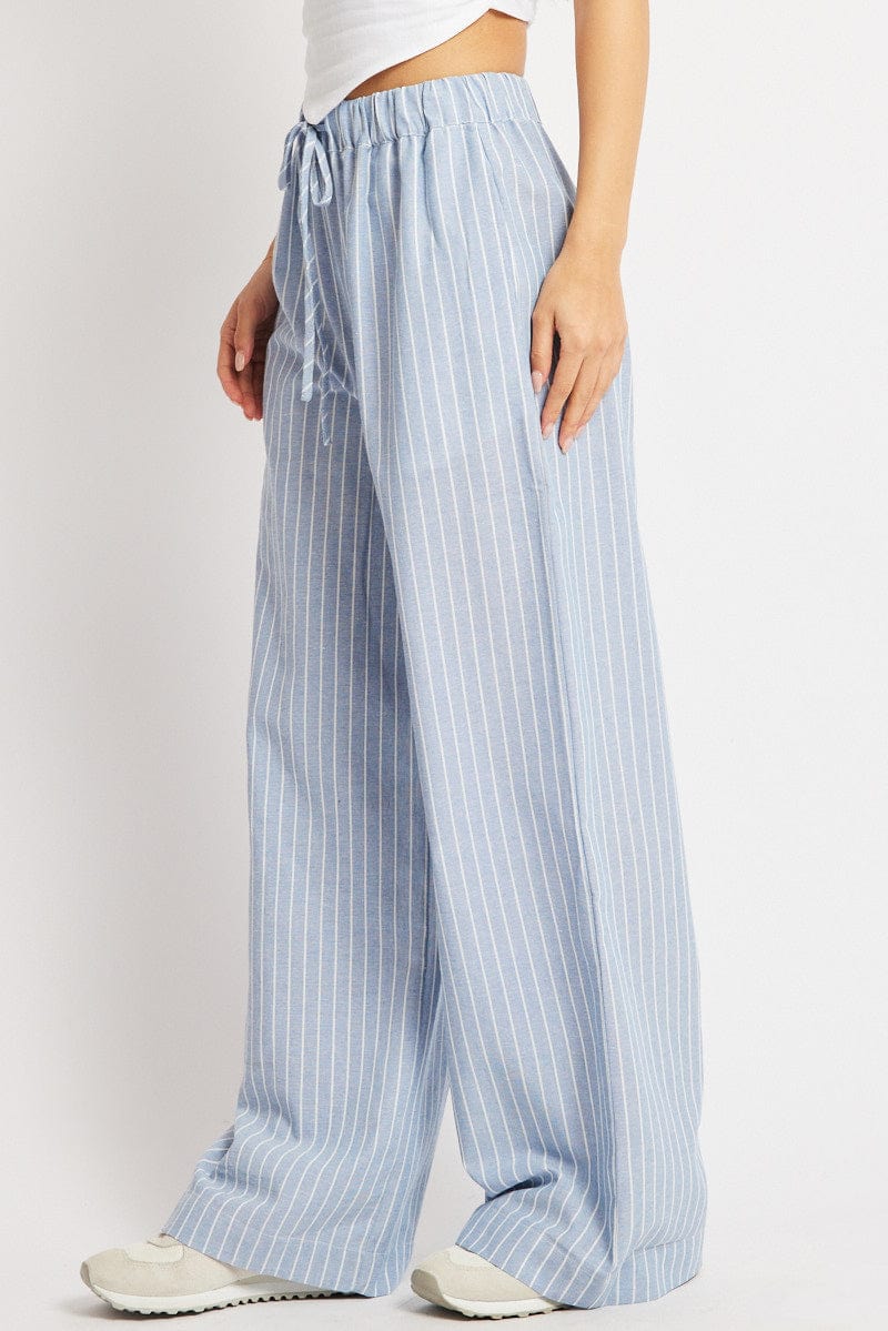 Blue Stripe Wide Leg Pants Mid Rise for Ally Fashion