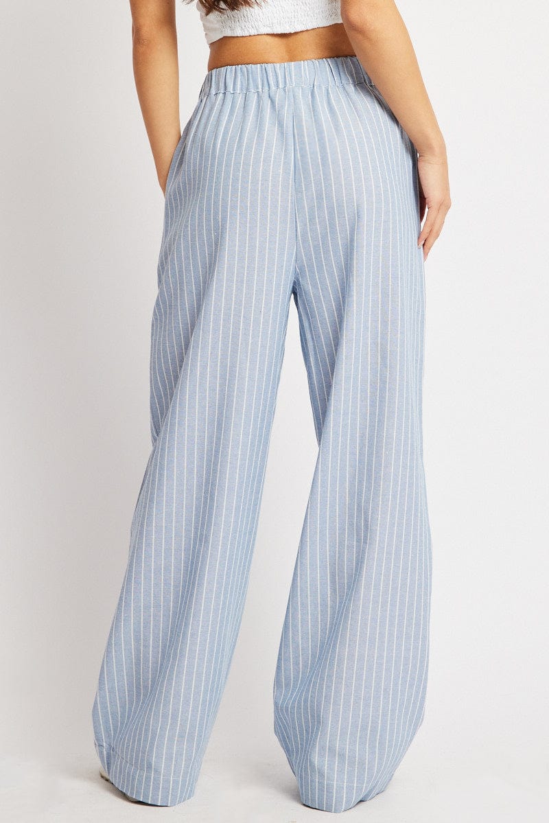 Blue Stripe Wide Leg Pants Mid Rise for Ally Fashion