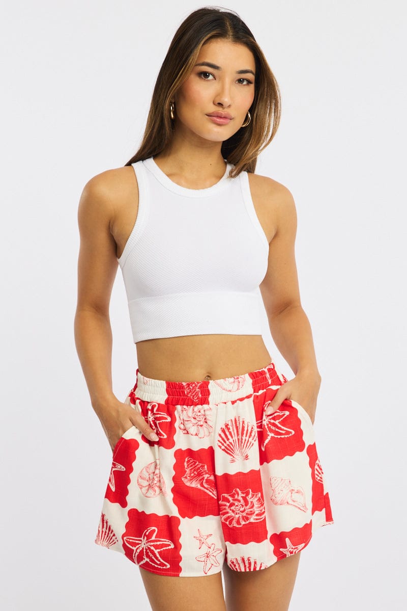 Red Abstract Shorts High Rise for Ally Fashion
