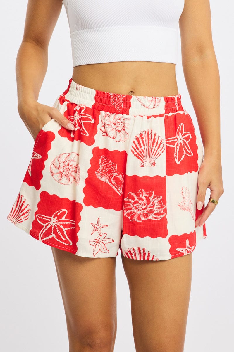 Red Abstract Shorts High Rise for Ally Fashion