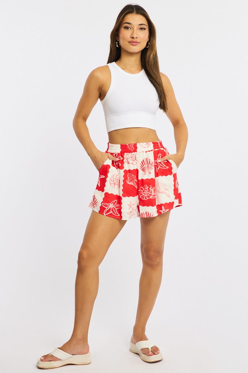 Red Abstract Shorts High Rise for Ally Fashion