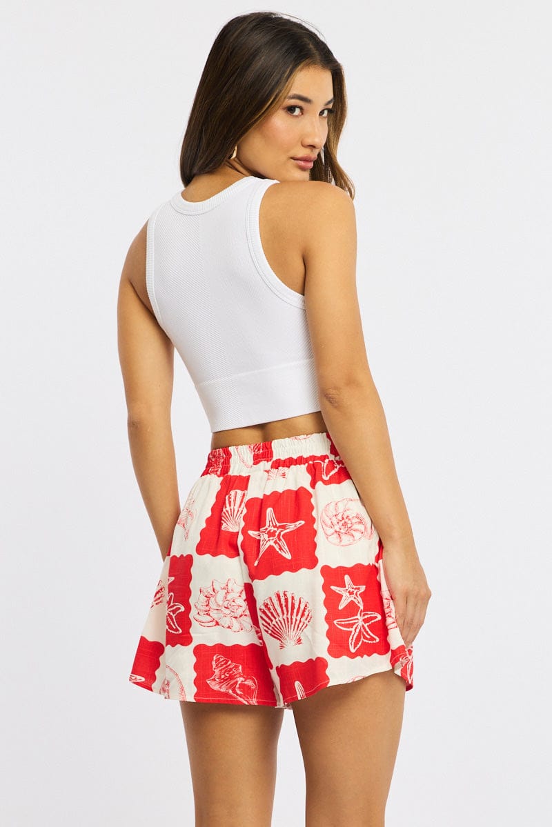 Red Abstract Shorts High Rise for Ally Fashion