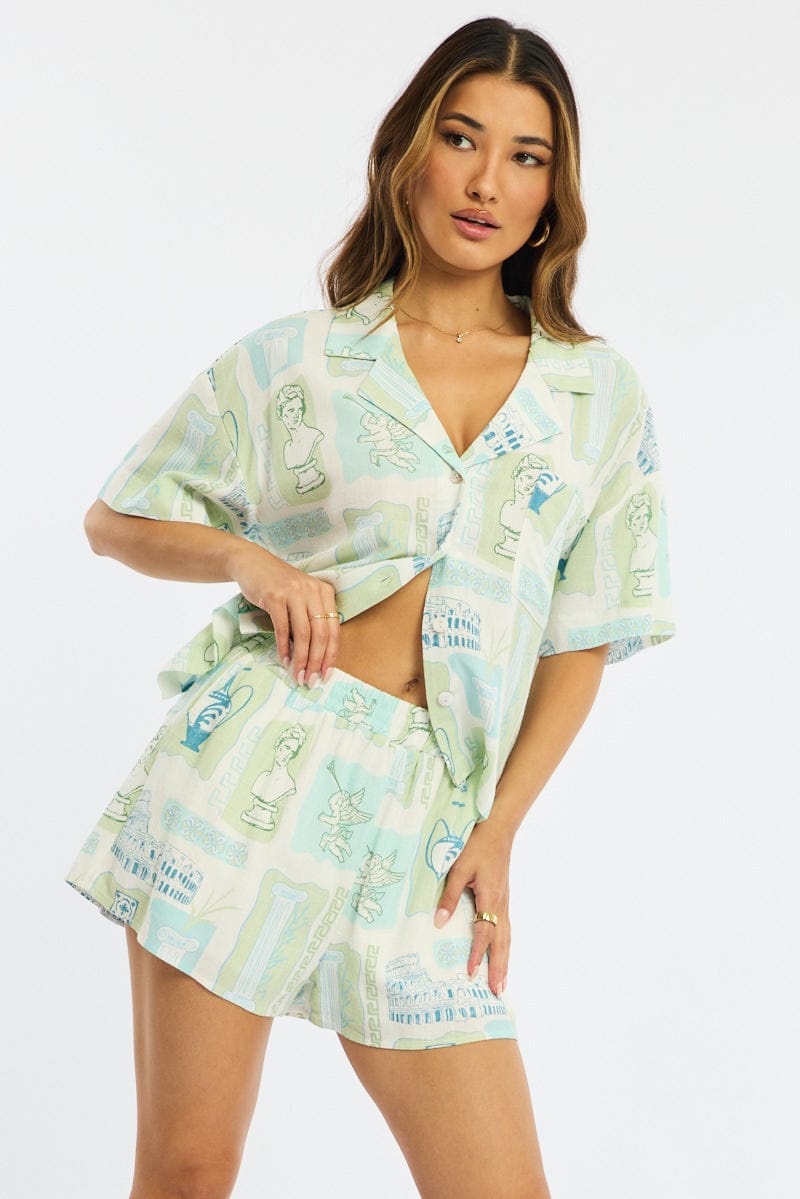 Green Abstract Shorts High Rise for Ally Fashion