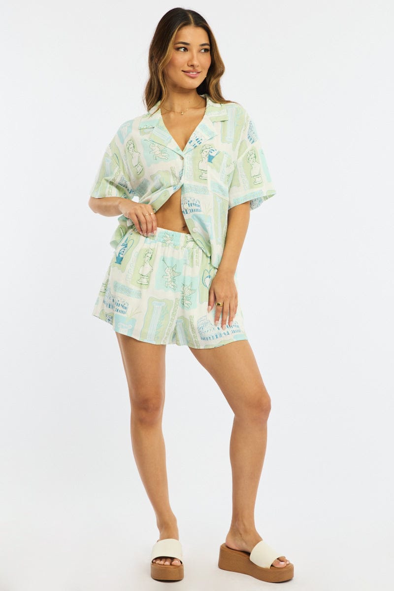 Green Abstract Shorts High Rise for Ally Fashion