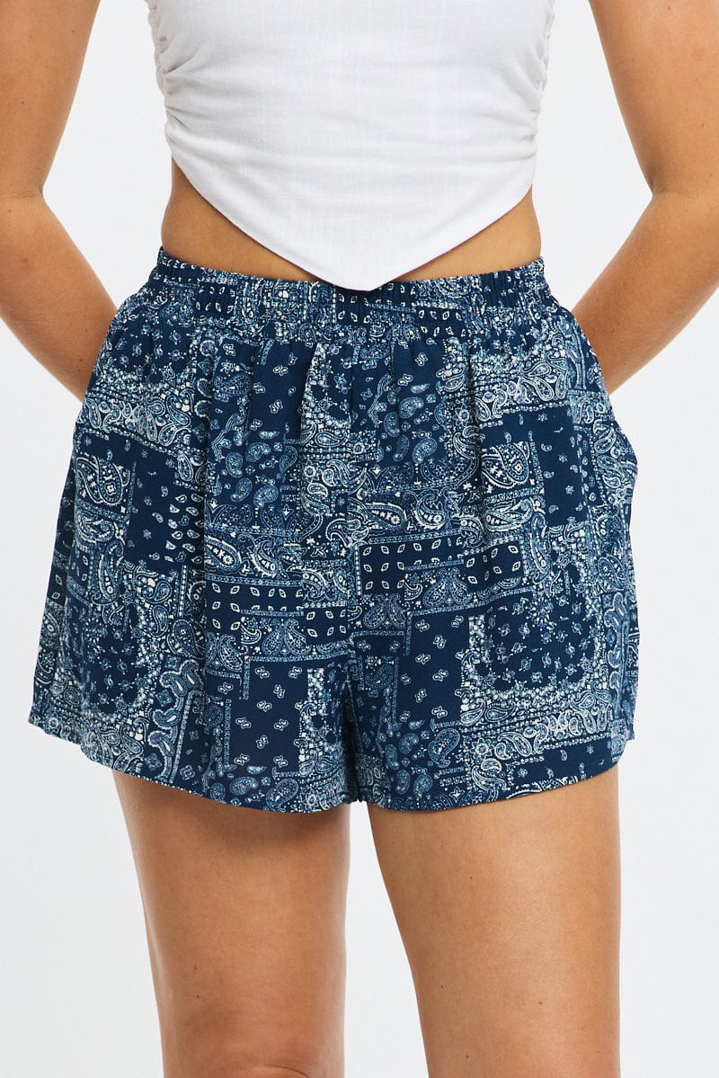 Blue Boho Shorts High Rise for Ally Fashion