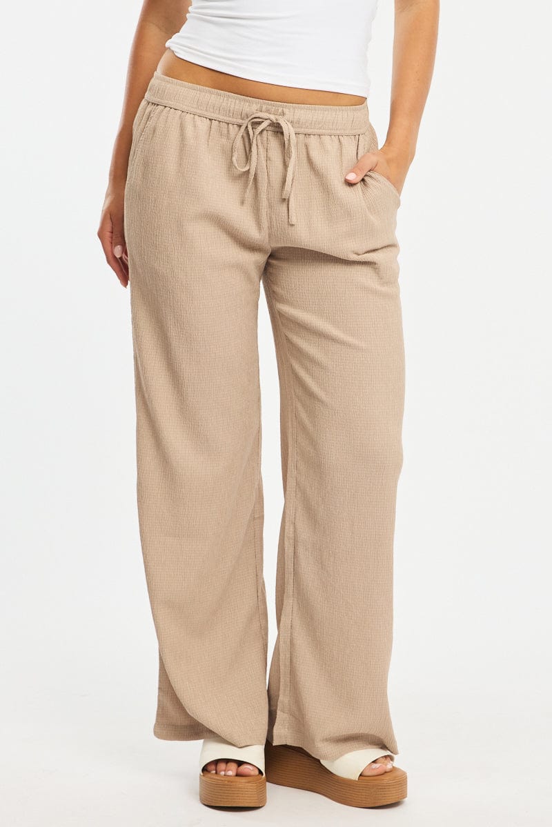 Beige Wide Leg Pants Elasticated Waist for Ally Fashion