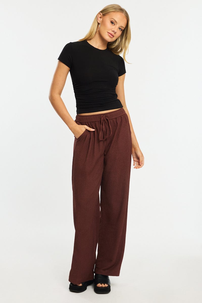 Brown Wide Leg Pants Elasticated Waist for Ally Fashion