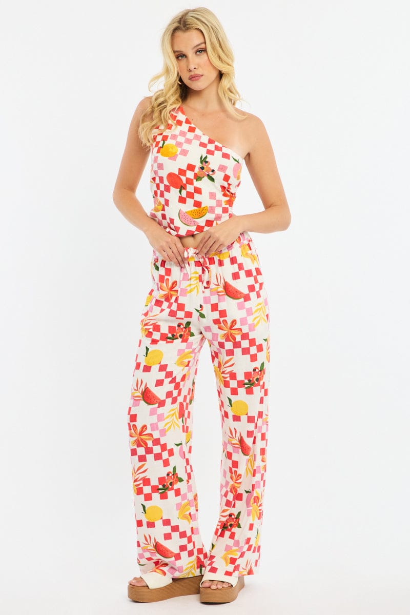 Red Abstract Wide Leg Pants Elasticated Waist for Ally Fashion