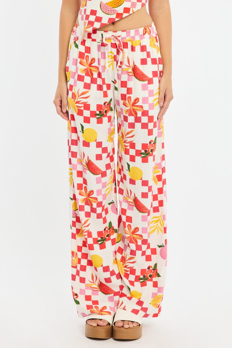 Red Abstract Wide Leg Pants Elasticated Waist for Ally Fashion