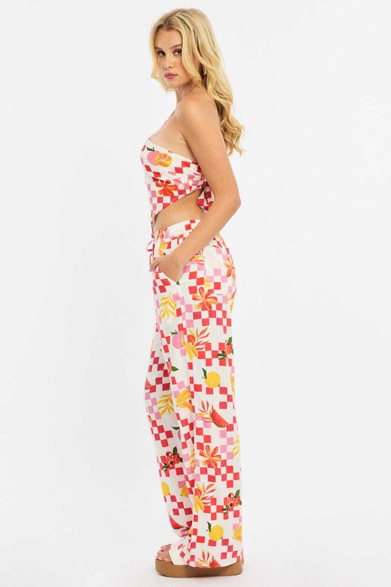 Red Abstract Wide Leg Pants Elasticated Waist for Ally Fashion