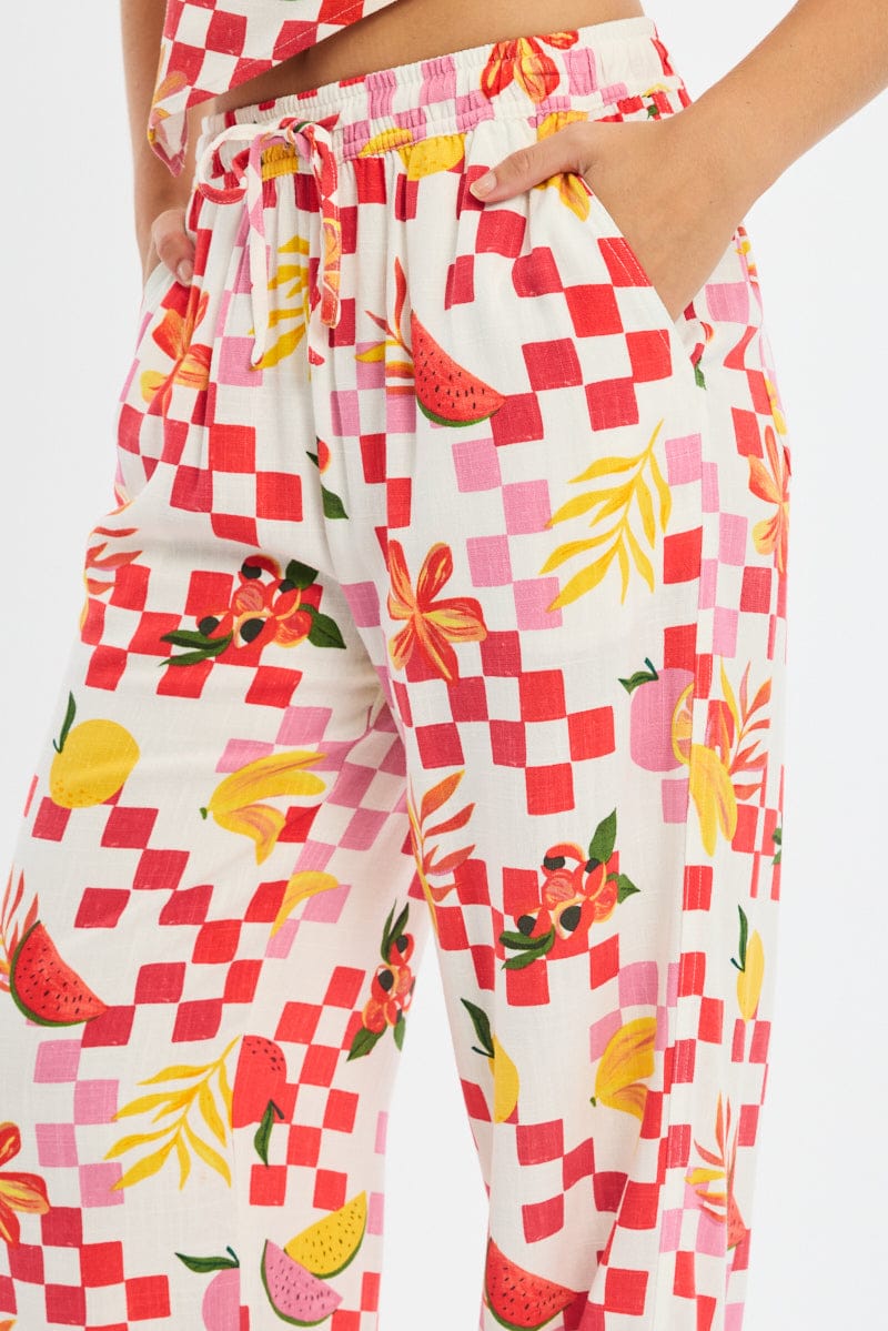 Red Abstract Wide Leg Pants Elasticated Waist for Ally Fashion