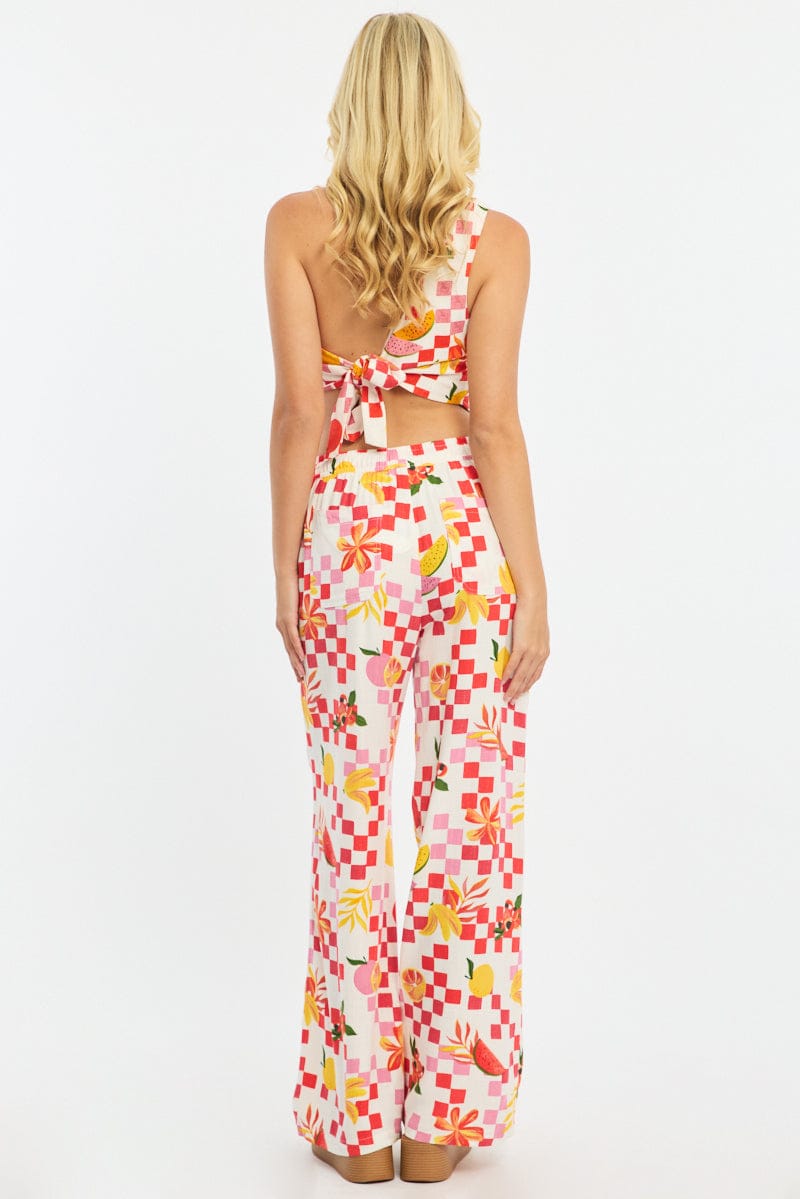 Red Abstract Wide Leg Pants Elasticated Waist for Ally Fashion