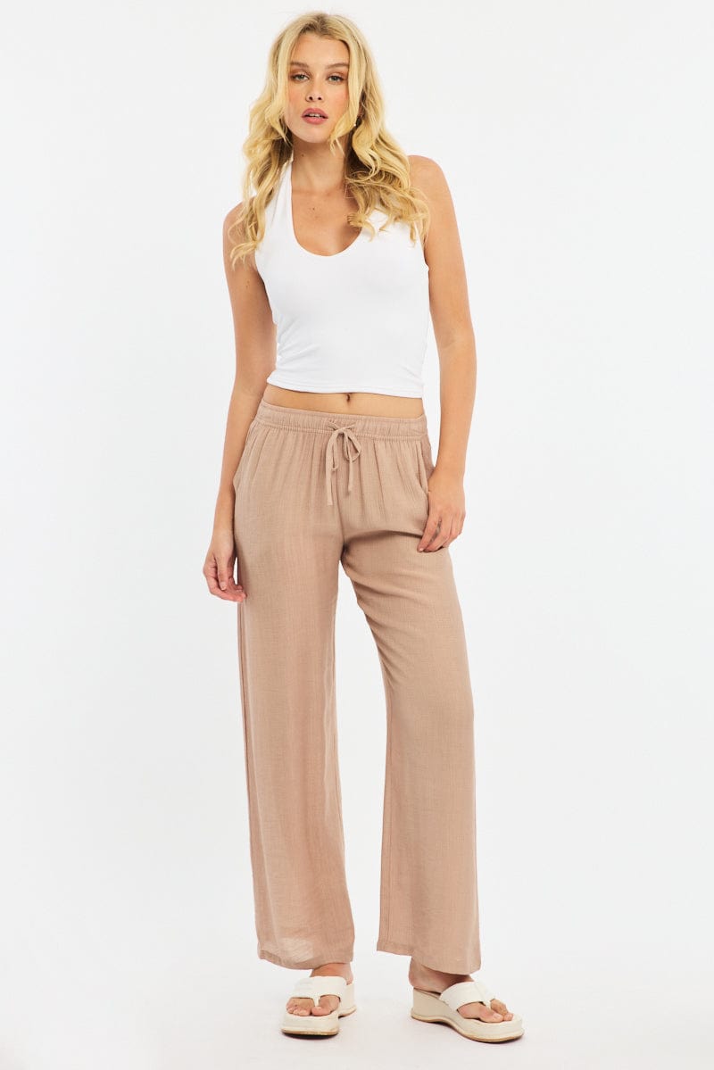 Beige Stripe Wide Leg Pants Elasticated Waist for Ally Fashion