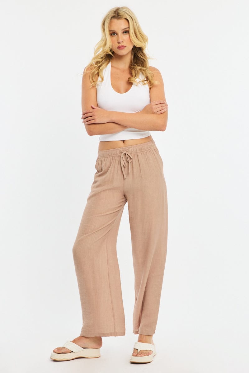 Beige Stripe Wide Leg Pants Elasticated Waist for Ally Fashion
