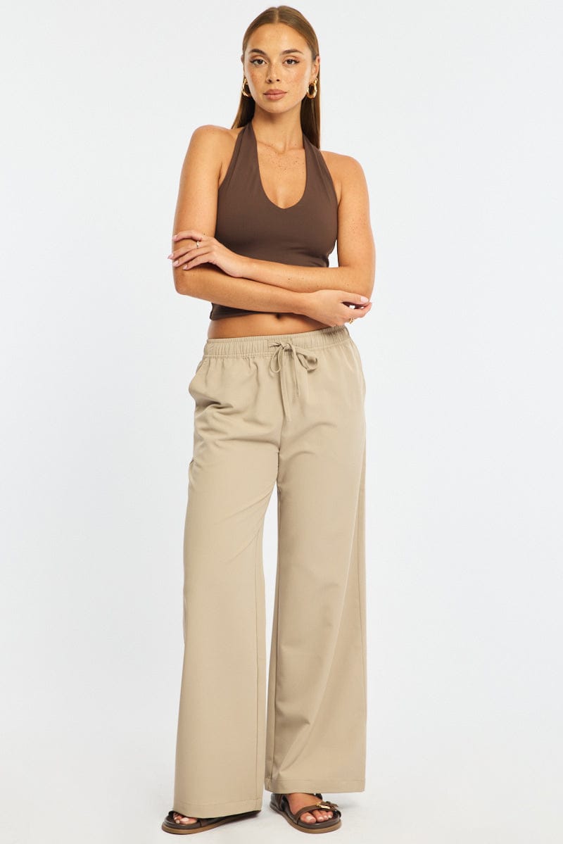 Beige Wide Leg Pants Elasticated Waist for Ally Fashion