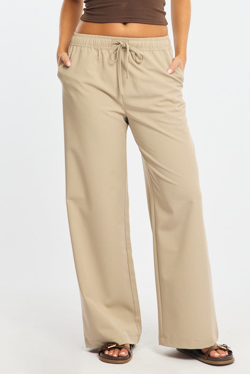 Beige Wide Leg Pants Elasticated Waist for Ally Fashion