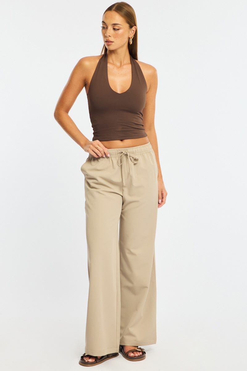 Beige Wide Leg Pants Elasticated Waist for Ally Fashion