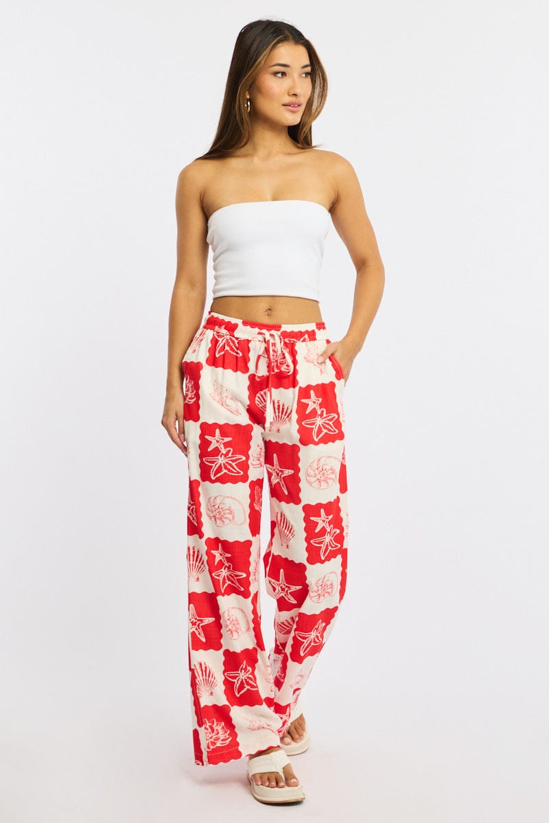 Red Abstract Wide Leg Pants Elasticated Waist for Ally Fashion