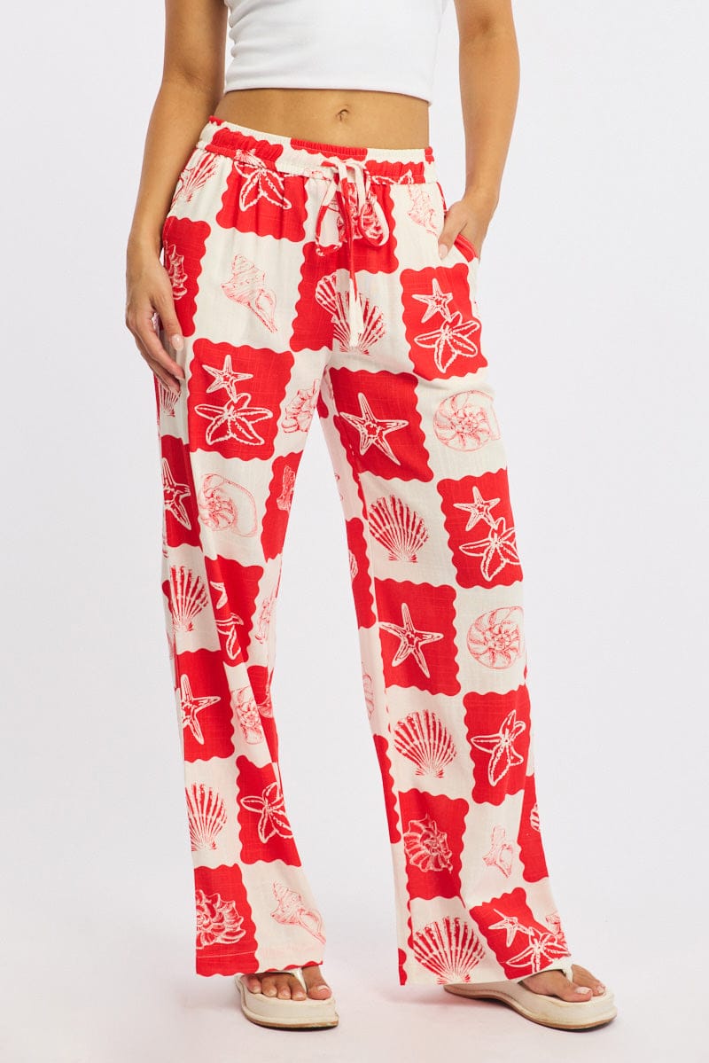 Red Abstract Wide Leg Pants Elasticated Waist for Ally Fashion