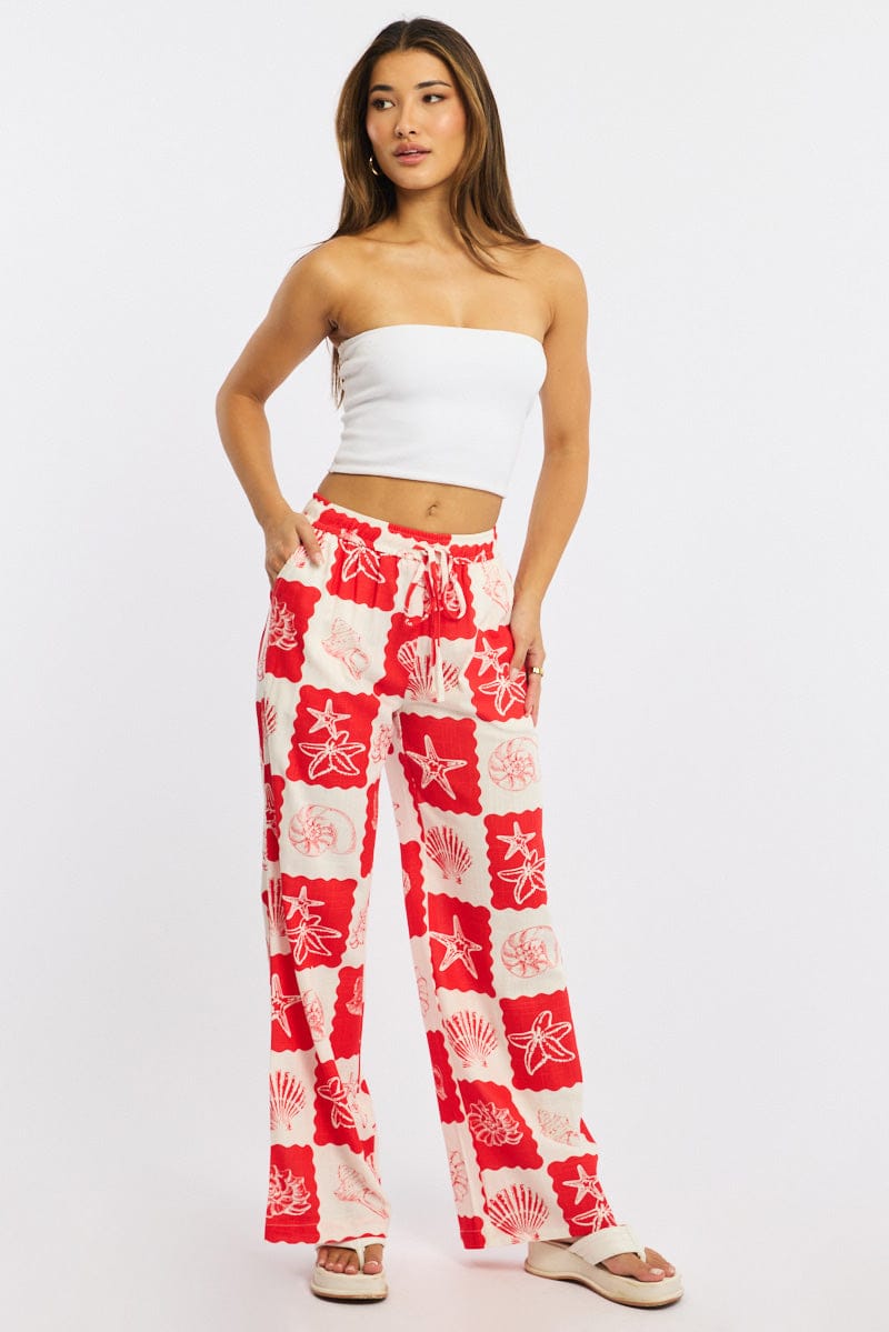 Red Abstract Wide Leg Pants Elasticated Waist for Ally Fashion