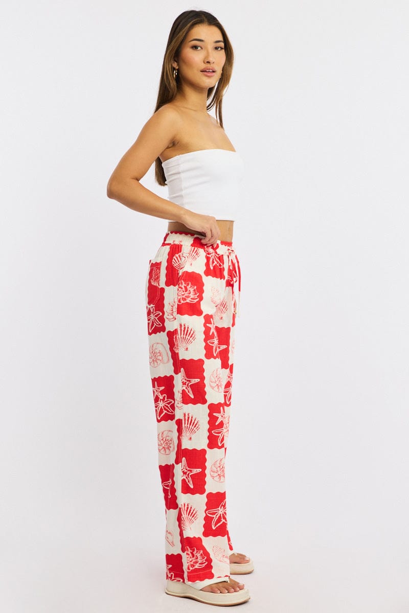Red Abstract Wide Leg Pants Elasticated Waist for Ally Fashion