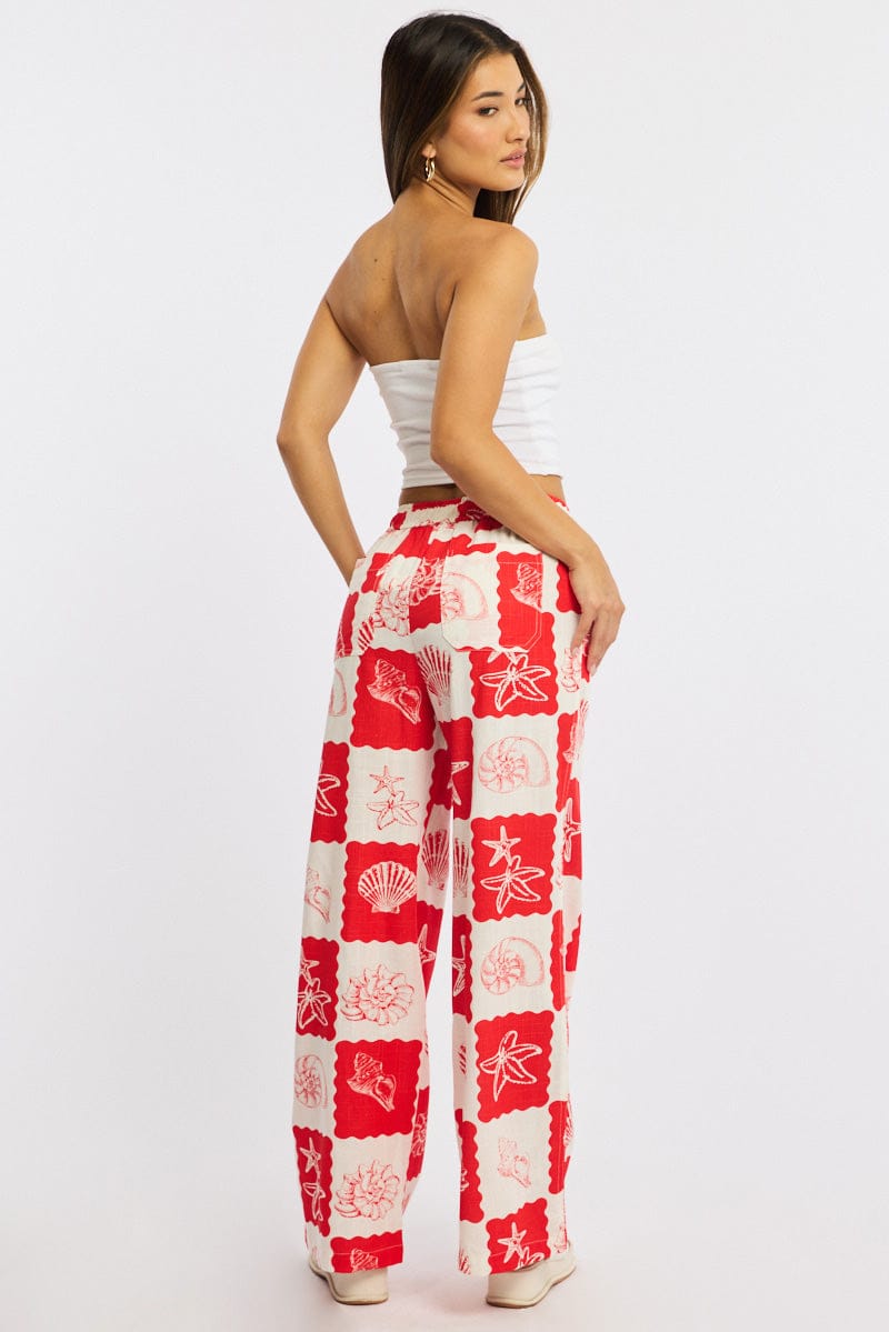 Red Abstract Wide Leg Pants Elasticated Waist for Ally Fashion