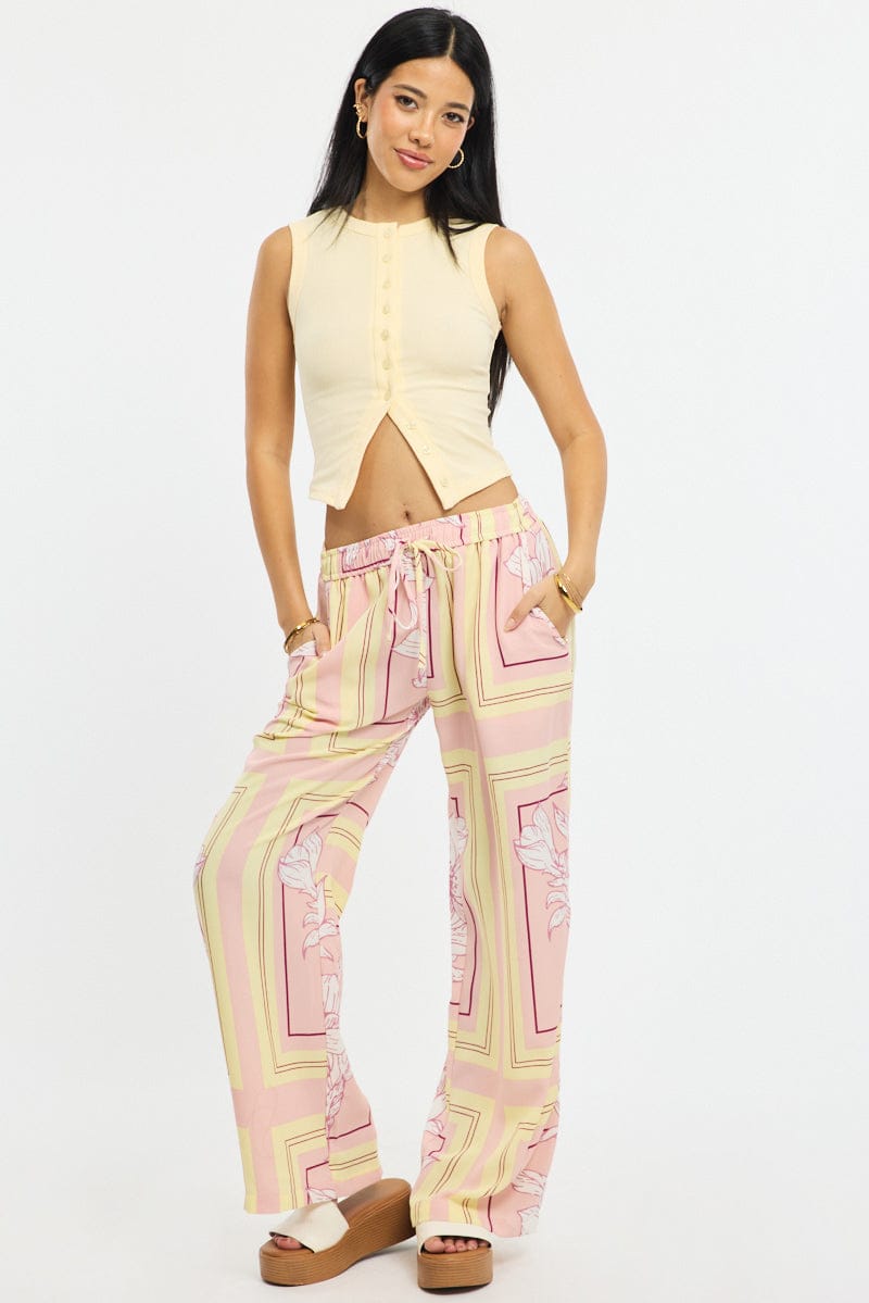 Pink Floral Wide Leg Pants Elasticated Waist for Ally Fashion