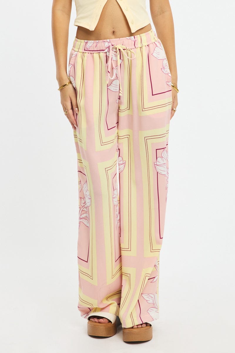 Pink Floral Wide Leg Pants Elasticated Waist for Ally Fashion