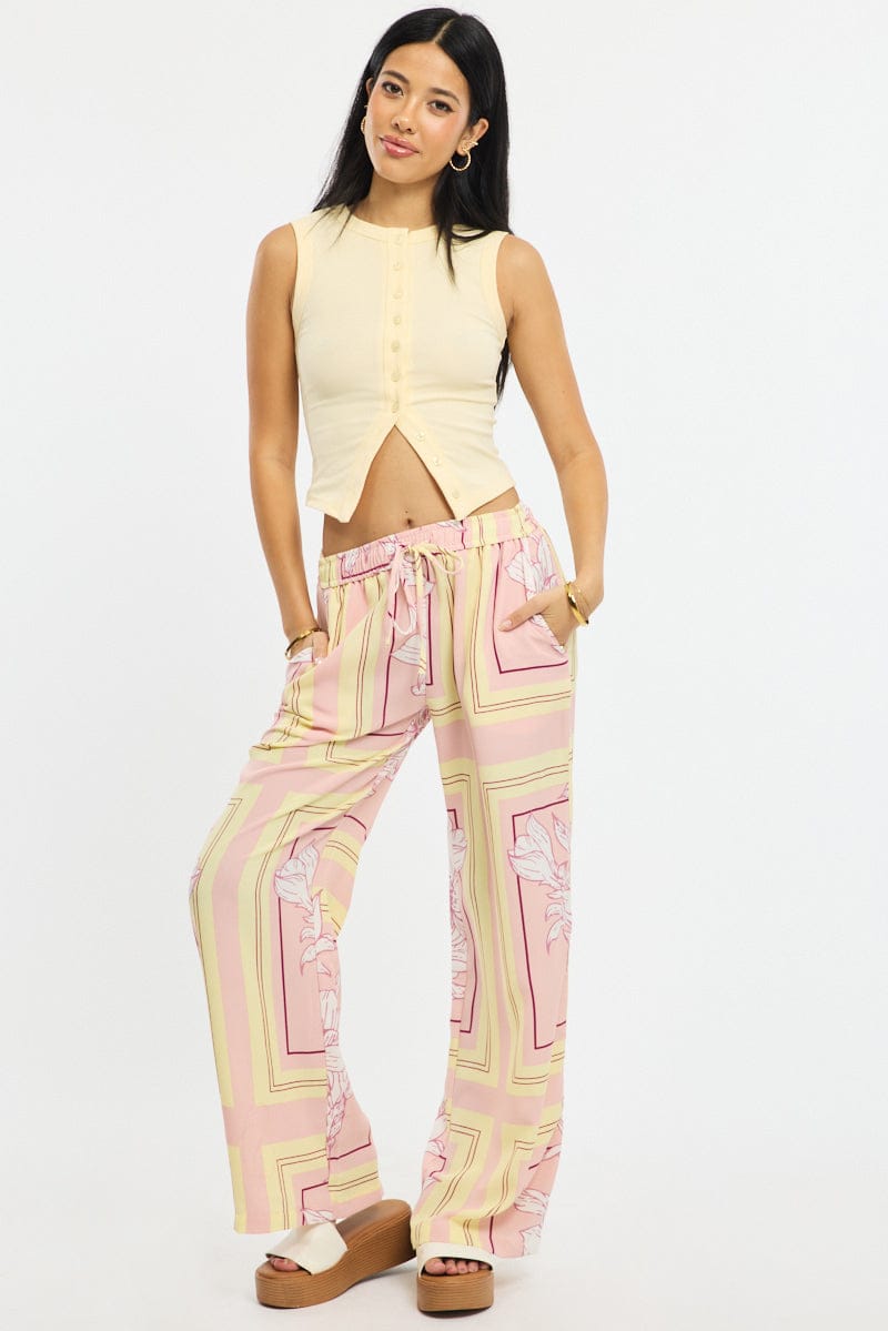 Pink Floral Wide Leg Pants Elasticated Waist for Ally Fashion