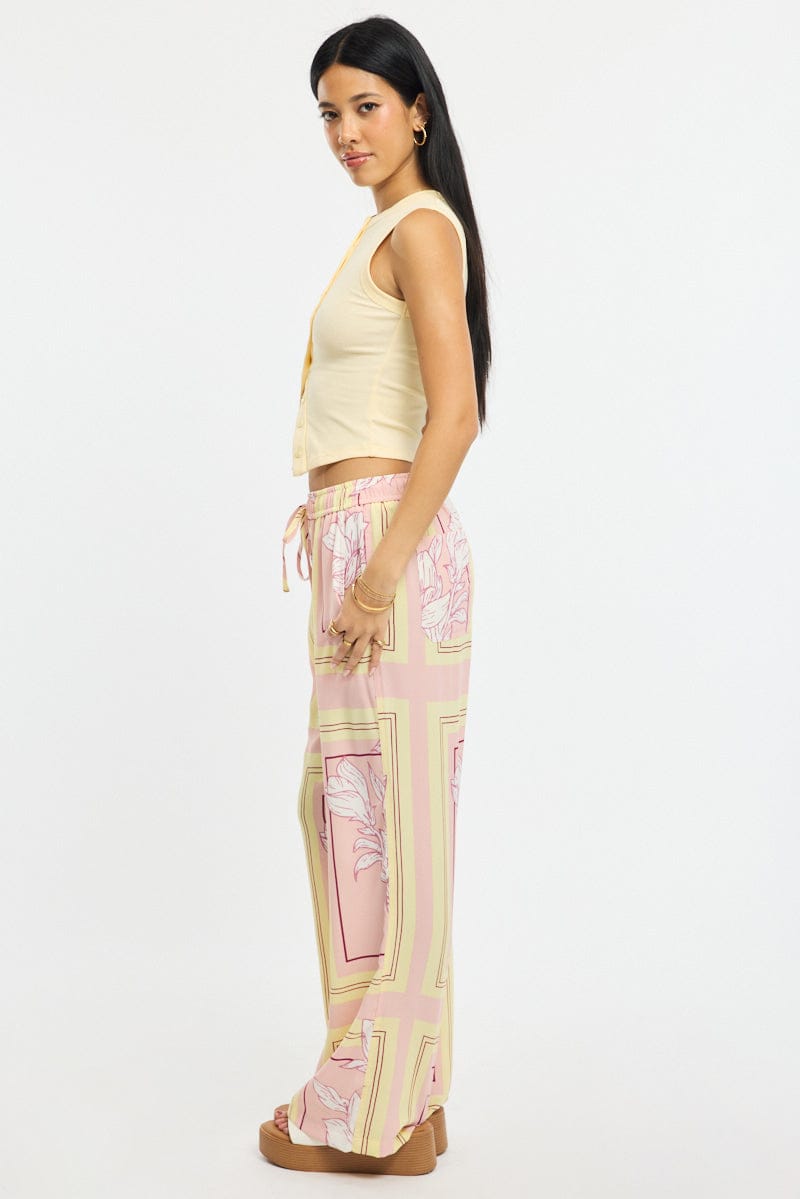 Pink Floral Wide Leg Pants Elasticated Waist for Ally Fashion