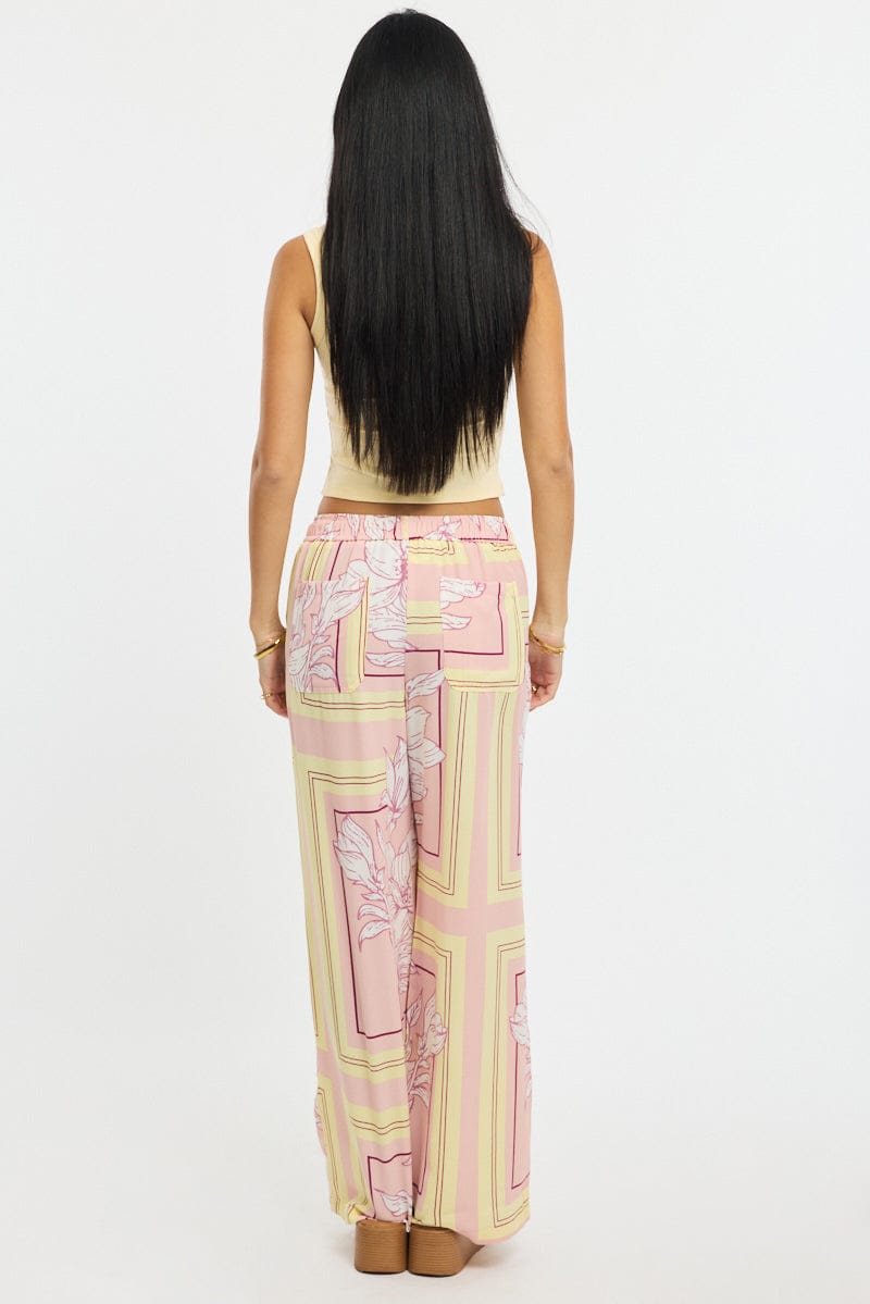 Pink Floral Wide Leg Pants Elasticated Waist for Ally Fashion