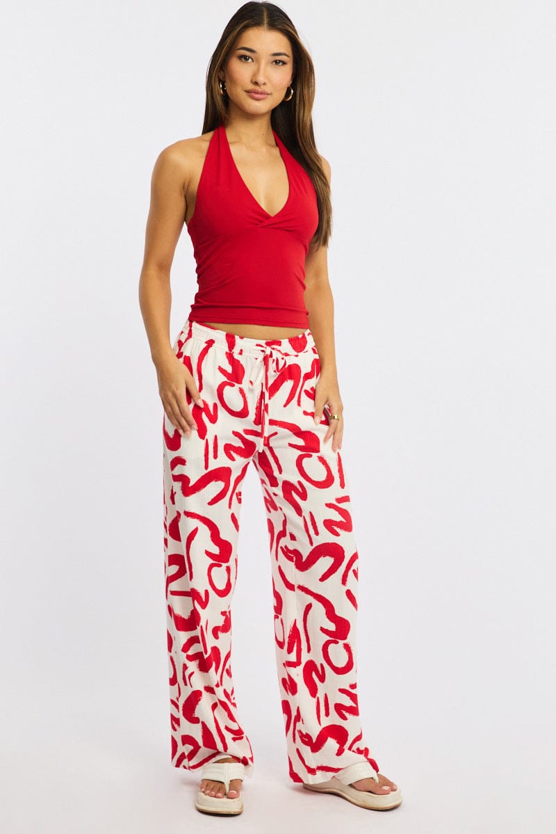 Red Abstract Wide Leg Pants Elasticated Waist for Ally Fashion