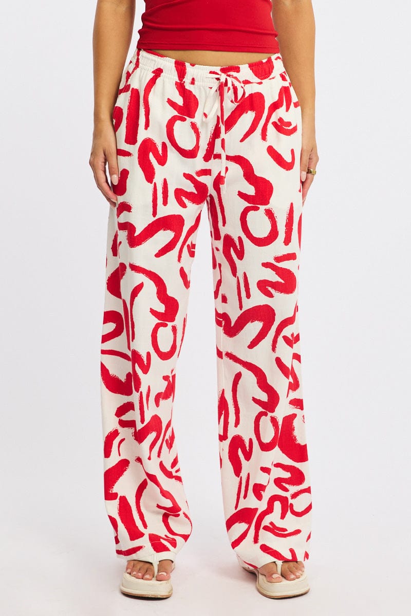 Red Abstract Wide Leg Pants Elasticated Waist for Ally Fashion