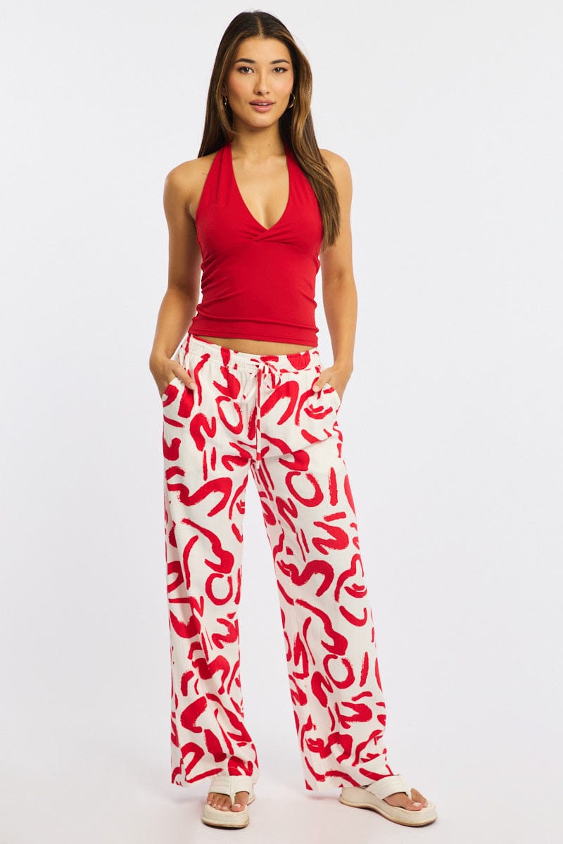 Red Abstract Wide Leg Pants Elasticated Waist for Ally Fashion
