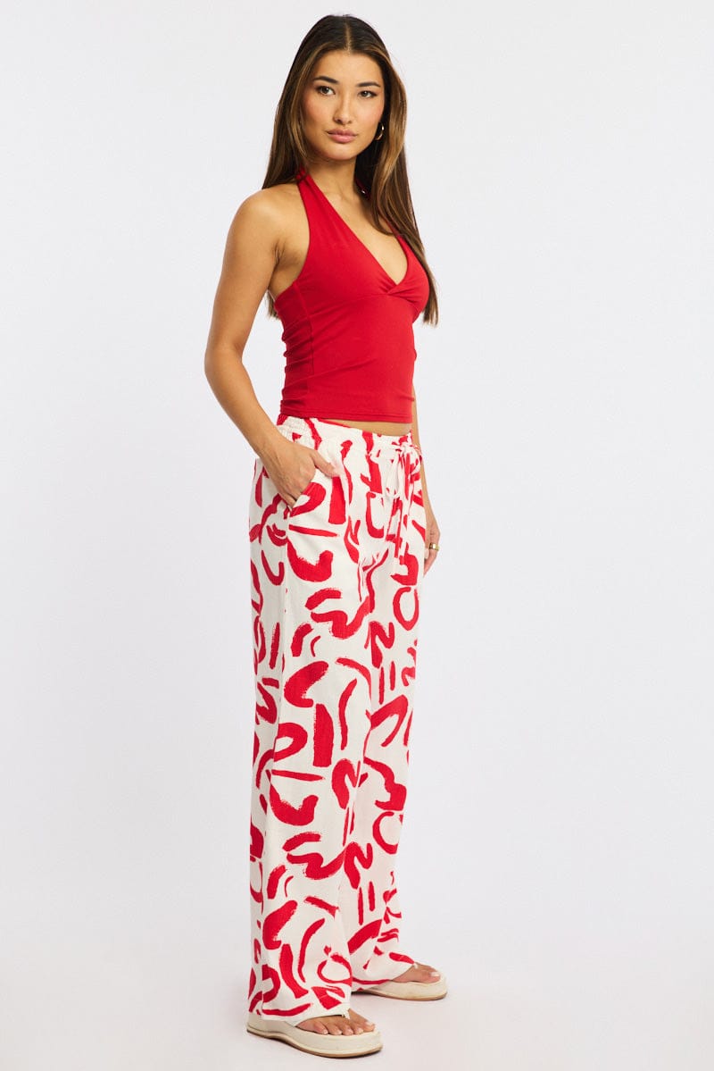 Red Abstract Wide Leg Pants Elasticated Waist for Ally Fashion