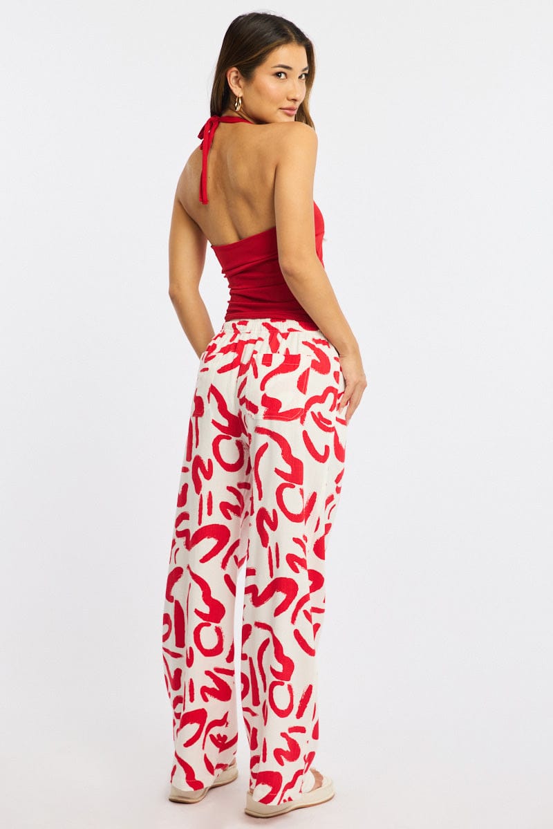 Red Abstract Wide Leg Pants Elasticated Waist for Ally Fashion