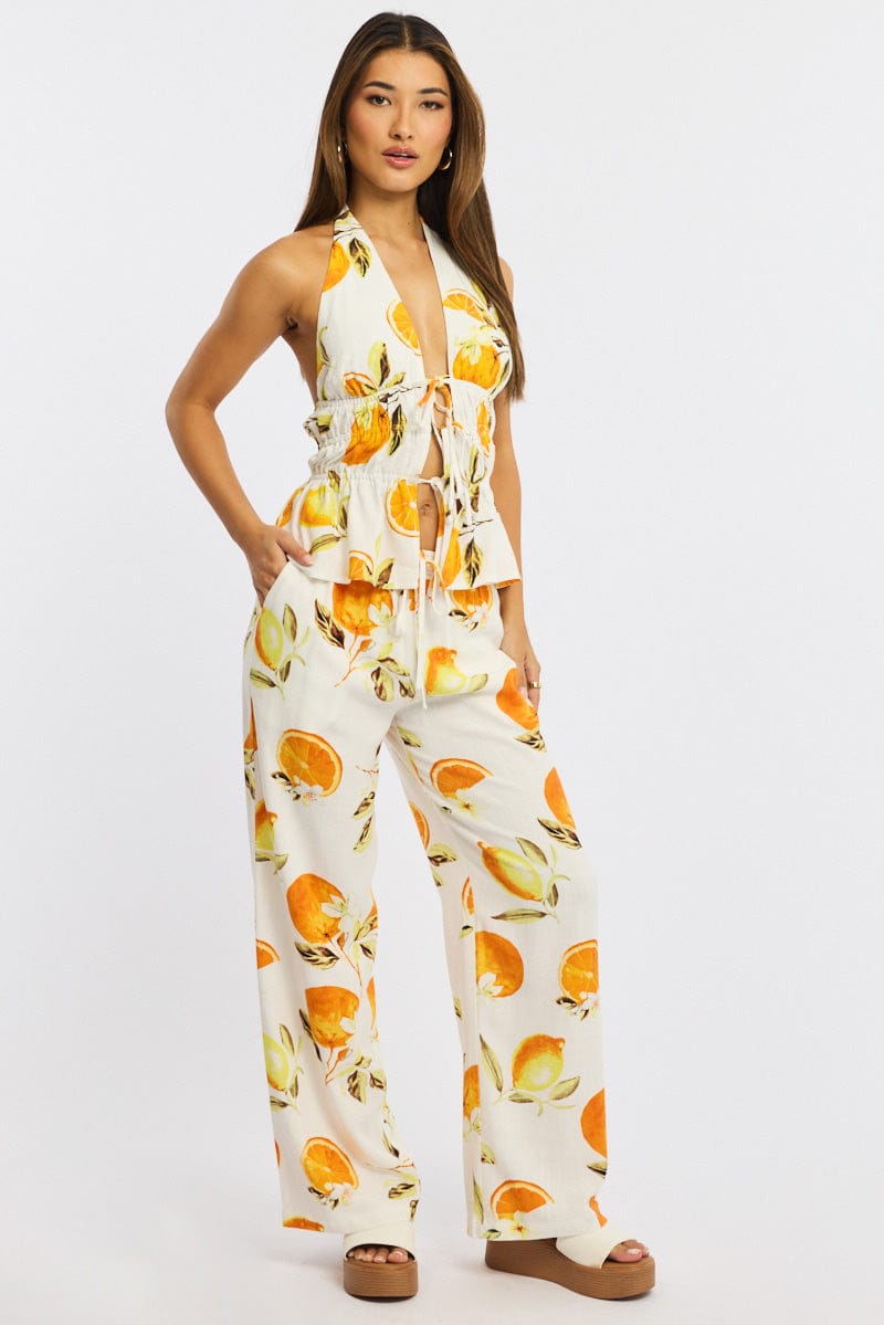 Orange Abstract Wide Leg Pants Elasticated Waist for Ally Fashion
