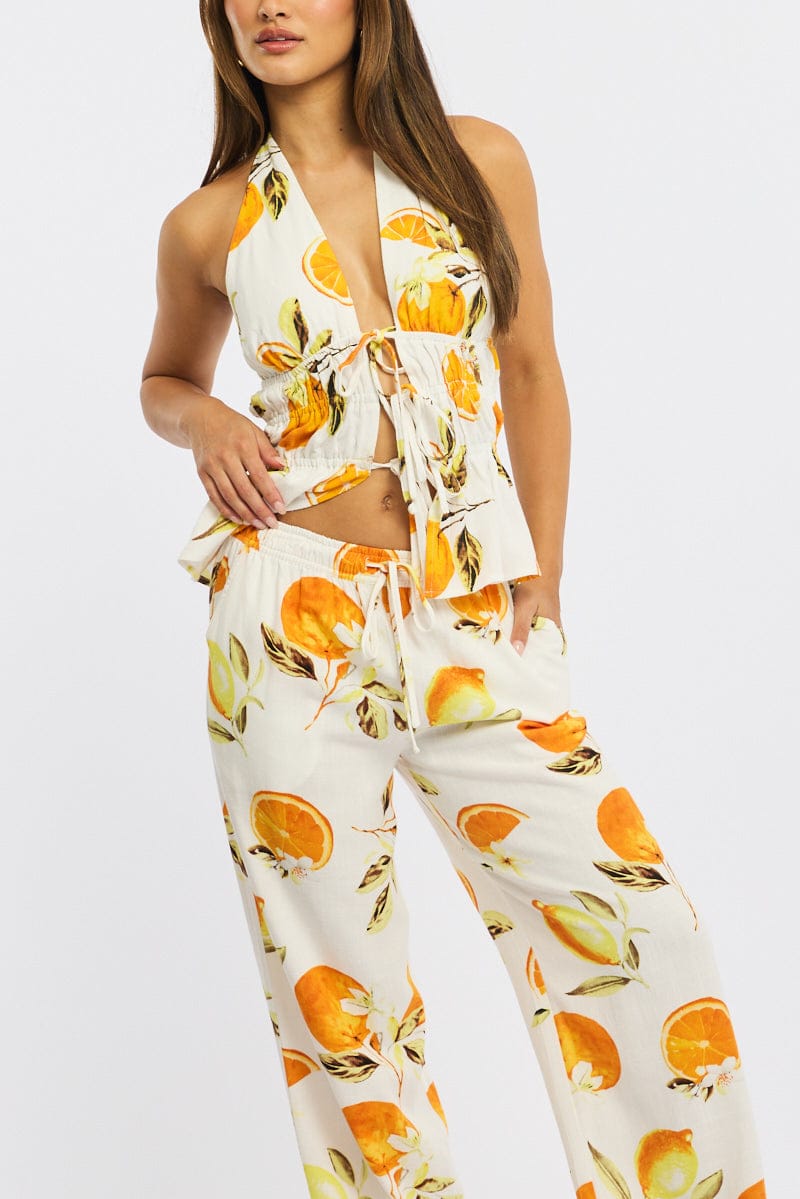 Orange Abstract Wide Leg Pants Elasticated Waist for Ally Fashion