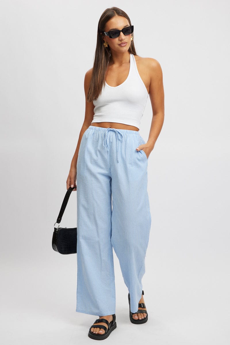 Blue Stripe Wide Leg Pants High Rise for Ally Fashion