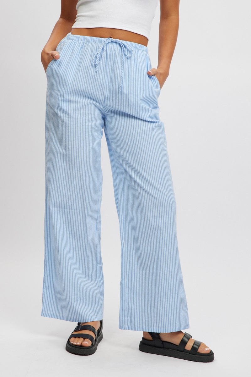 Blue Stripe Wide Leg Pants High Rise for Ally Fashion