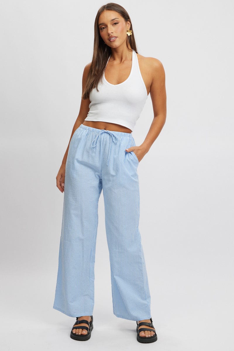 Blue Stripe Wide Leg Pants High Rise for Ally Fashion