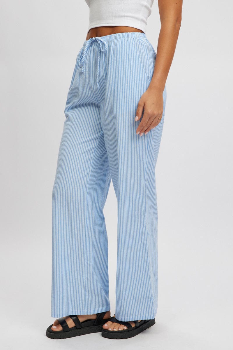 Blue Stripe Wide Leg Pants High Rise for Ally Fashion